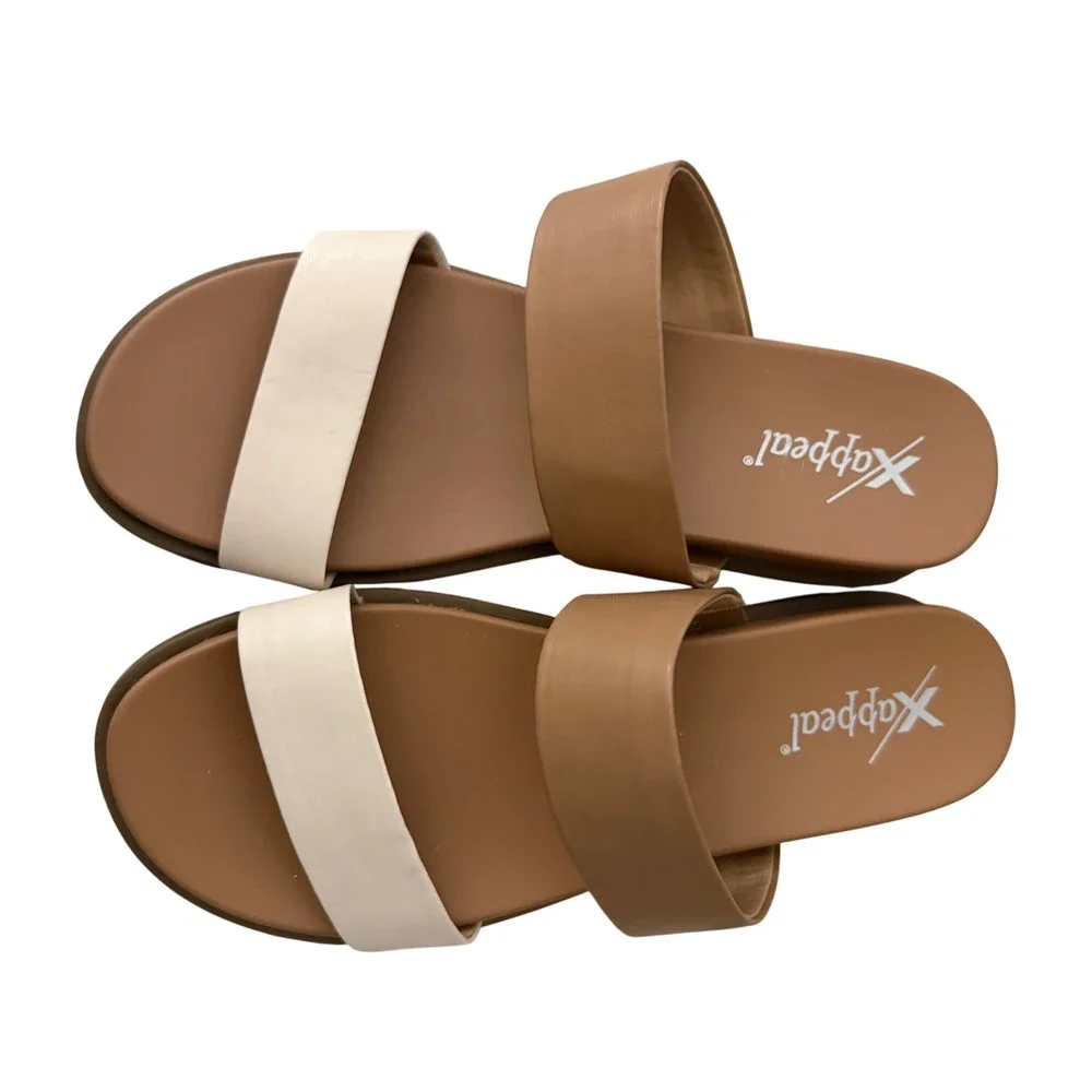 Xappeal Edith Slide Sandals Women 8M Tan Cream NWOT Two Strap Minimalist